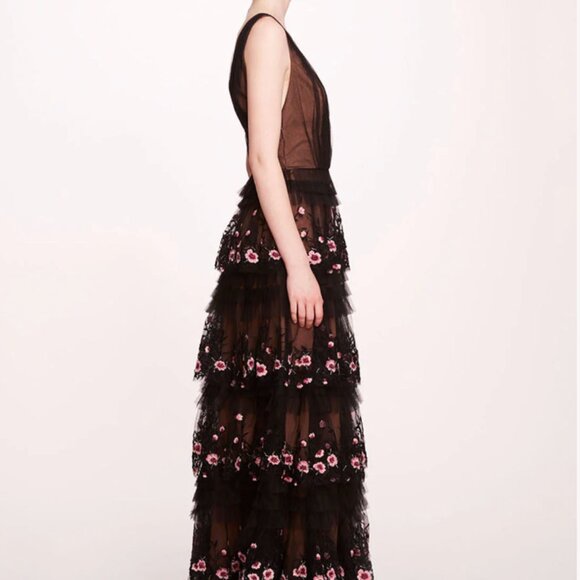Marchesa Notte Tiered Tulle Terrarium V Neck Gown Black Pink Floral 10 NWT - Picture 9 of 10